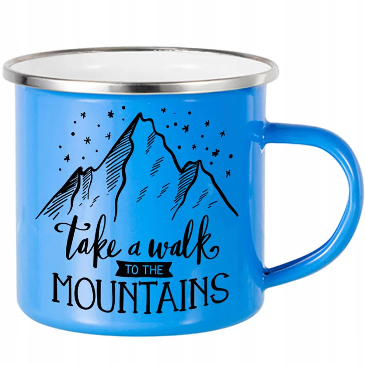 KUBEK STALOWY Emaliowany NIEBIESKI 250ml Take a walk TO THE MOUNTAINS Wzory