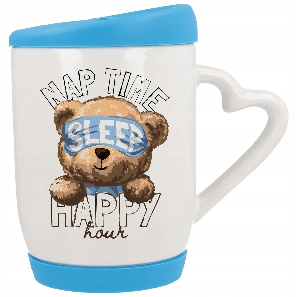 Kubek Ucho z Sercem z Pokrywka Niebieska CZAS NA DRZEMKĘ Happy Hour Wzory