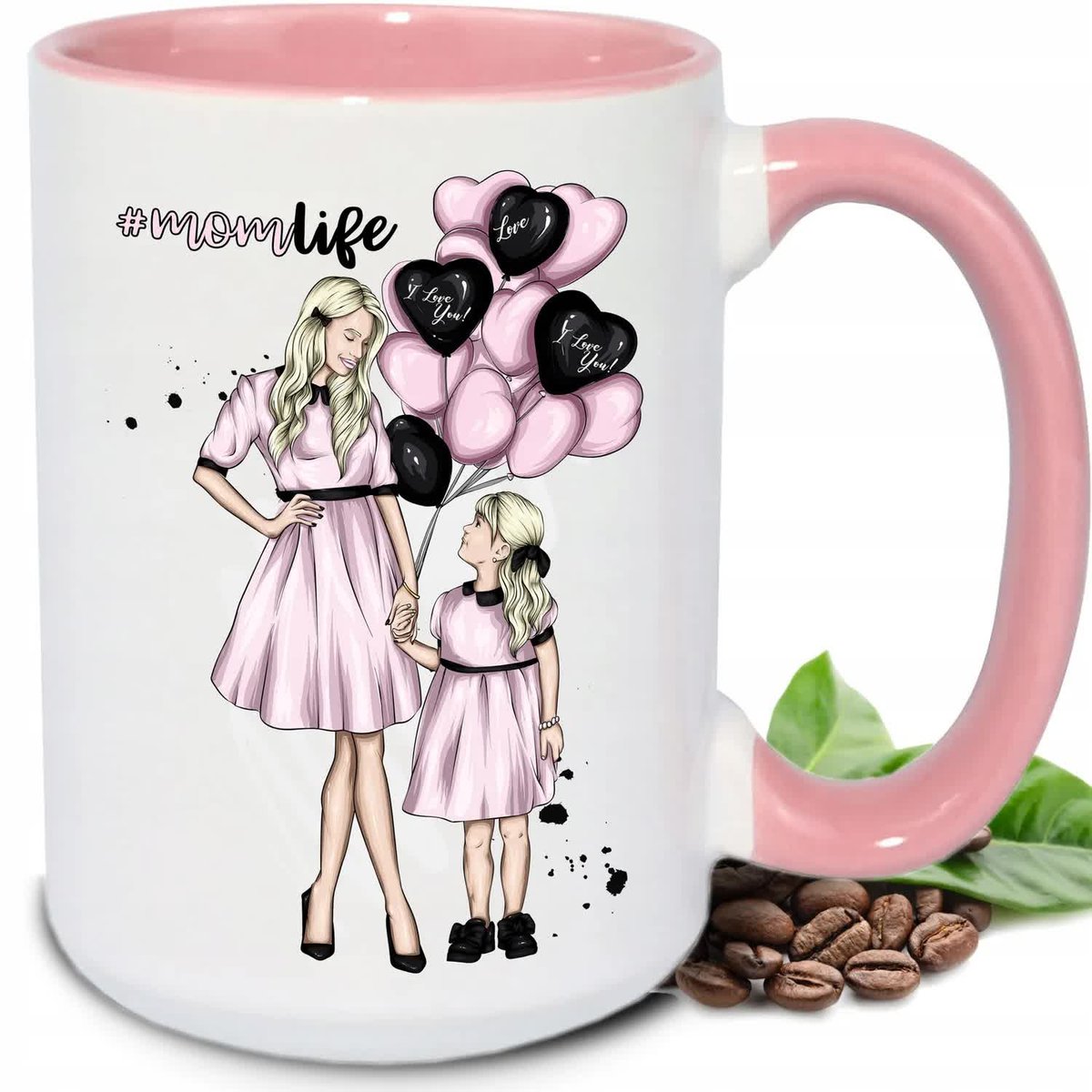 Kubek DUŻY BIAŁY MomLife Mama i Córka RÓŻÓWE UCHO I WNĘTRZE TOP100 WZORY