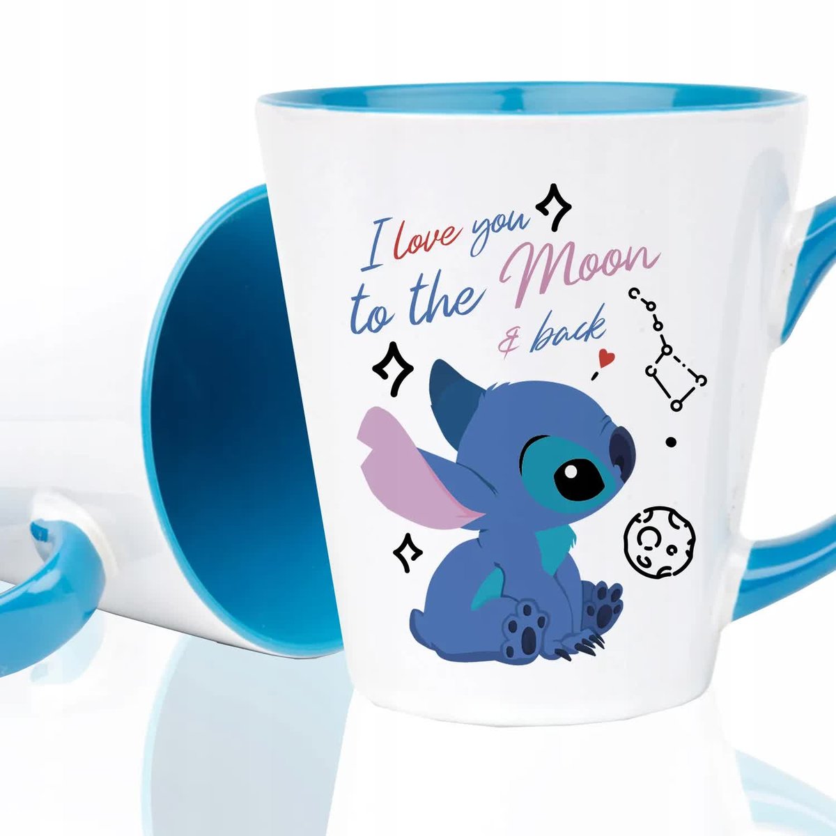 KUBEK LATTE NIEBIESKI Prezent Urodziny Lilo Stich LOVE YOU TO THE MOON Wz