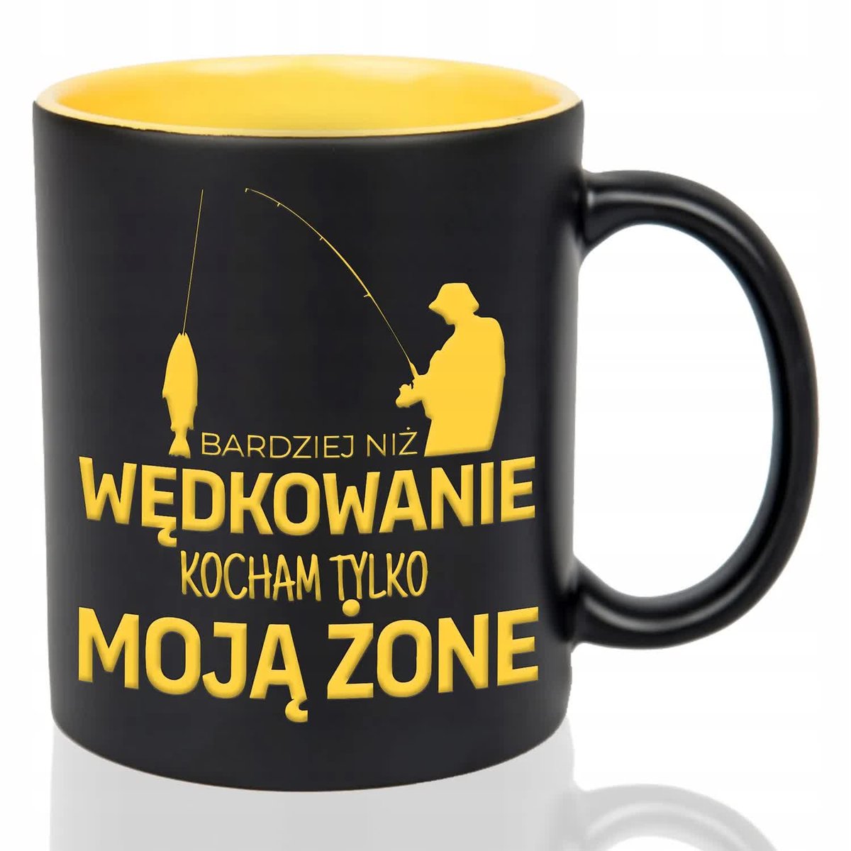 Kubek Grawer ŻÓŁTY PREZENT MĘŻA Bardziej niż wędkowanie kocham żone WZORY