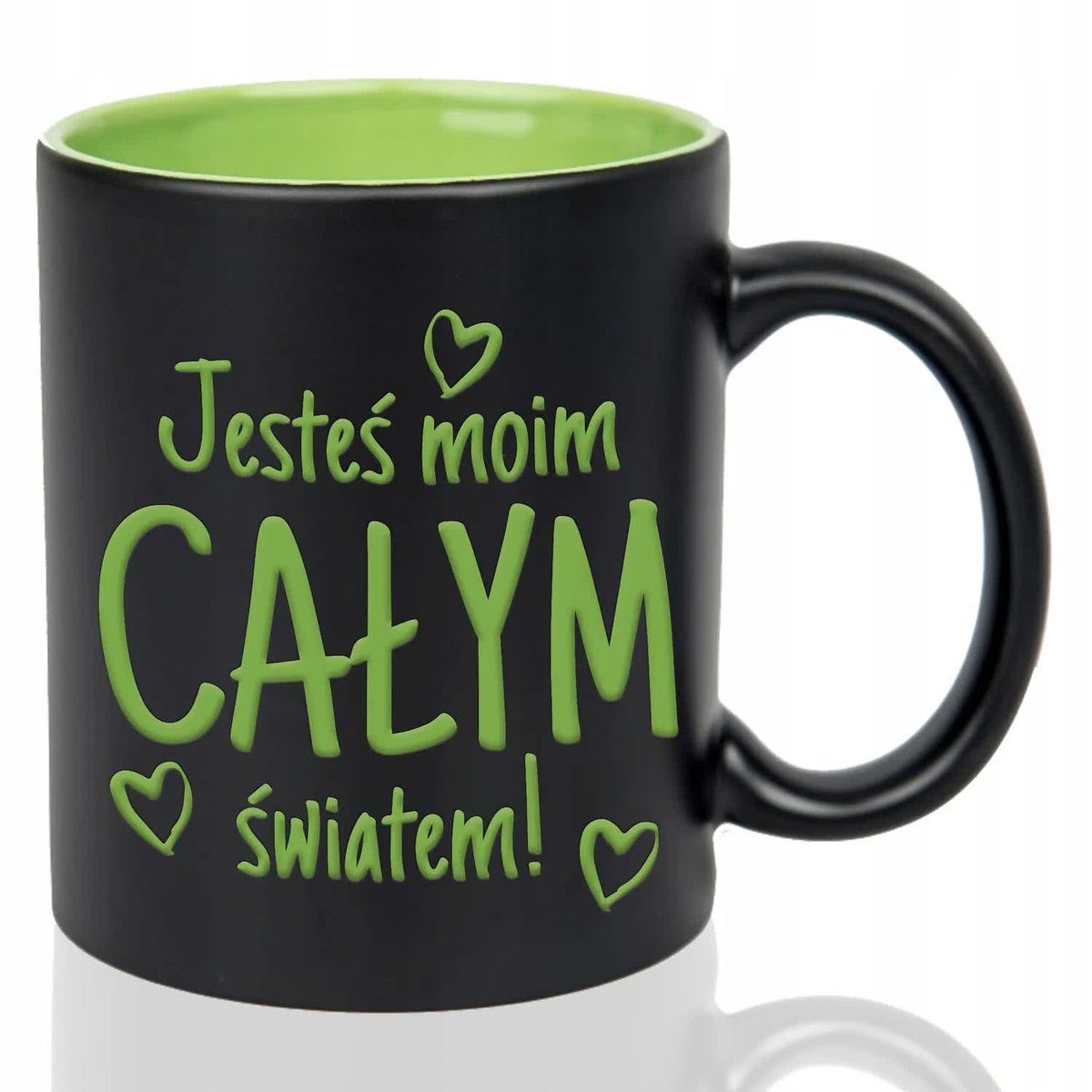 Kubek Czarny Wnętrze Zielone JESTEŚ CAŁYM MOIM ŚWIATEM Grawer Mix Wzorów