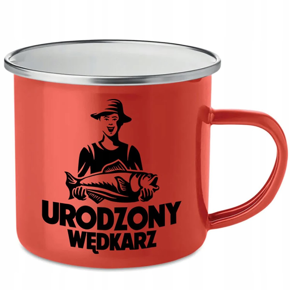 KUBEK STALOWY Emaliowany CZERWONY 250ml Urodzony Wędkarz Prezent Mix Wzory