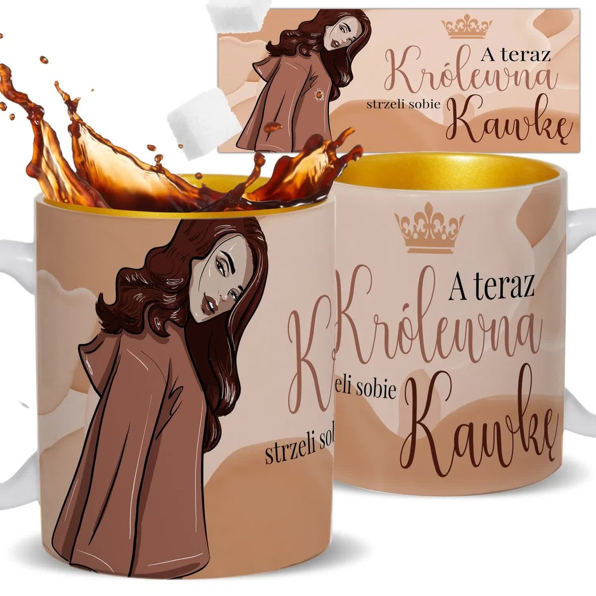KUBEK Ceramiczny ZŁOTY Na Prezent DZIEŃ KOBIET Królewna Strzeli Kawkę Wzory