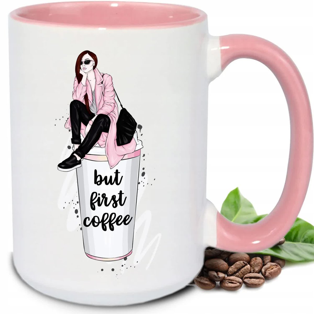 Kubek DUŻY BIAŁY But First Coffe RÓŻÓWE UCHO I WNĘTRZE PIĘKNE WIELE WZORÓW