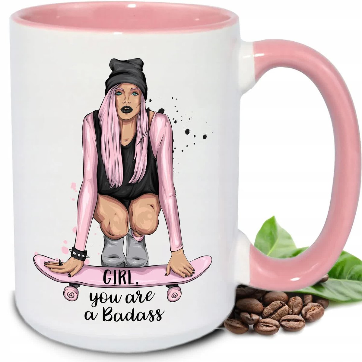 Kubek DUŻY BIAŁY Skate Girl RÓŻÓWE UCHO I WNĘTRZE PIĘKNE TOP WIELE WZORÓW