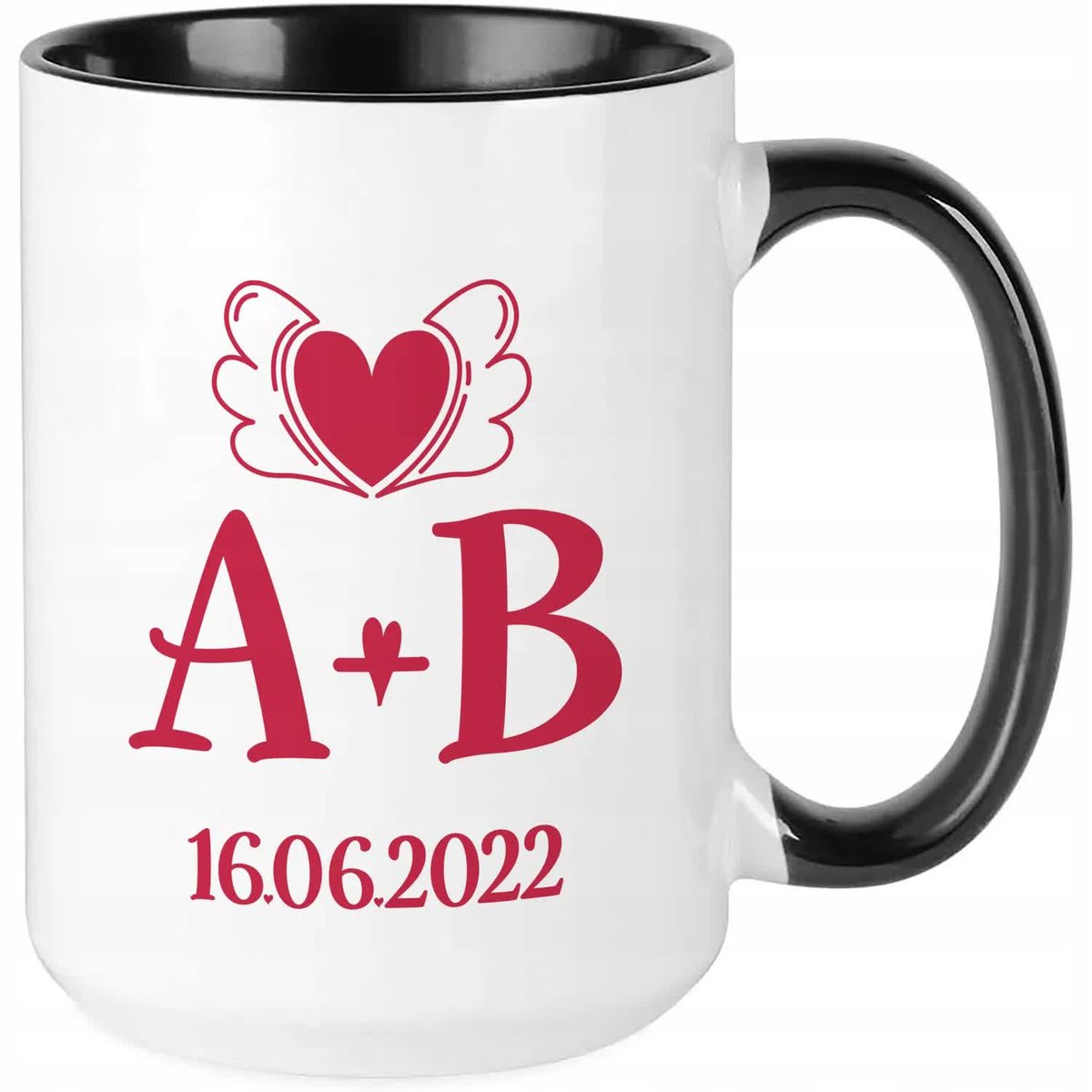 Kubek XXL Czarny A + B TWOJE INICJAŁY DATA SERCE Na Prezent Rocznica WZORY