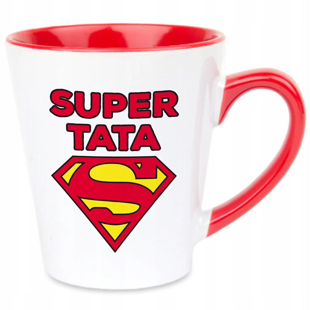 Kubek Latte Czerwono Biały SUPER TATA 350 ml Na Prezent Zabawne Wzory