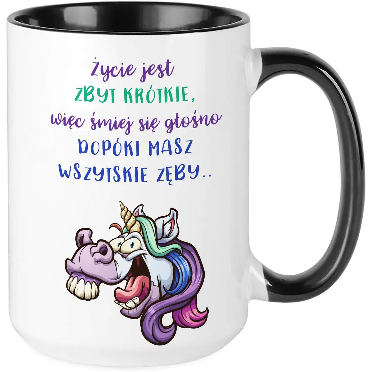 Kubek DUŻY Czarny ŻYCIE JEST ZBYT KRÓTKE WIĘC ŚMIEJ SIĘ Prezent WZORY