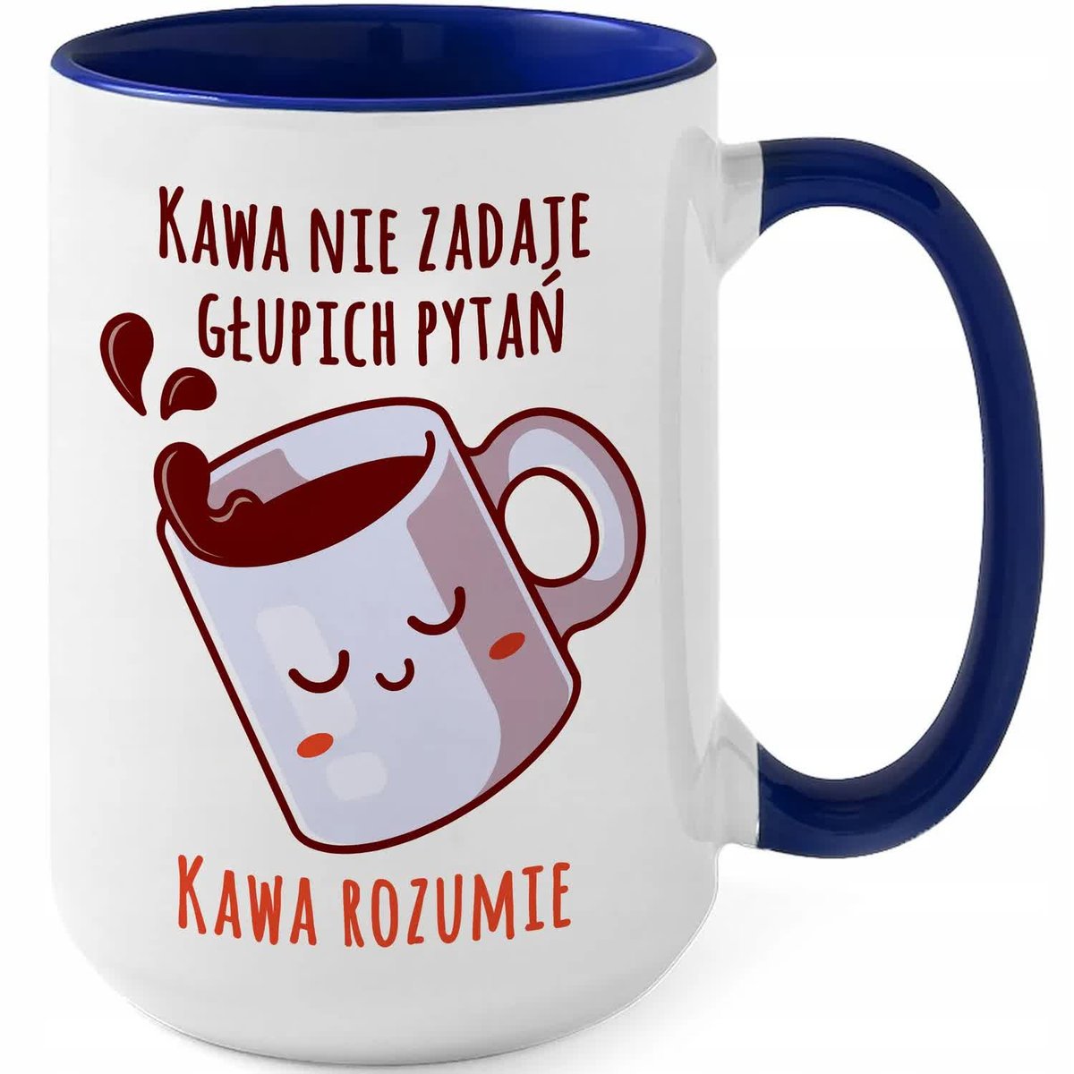 Kubek DUŻY Granatowy KAWA NIE PYTA KAWA ROZUMIE Wzory