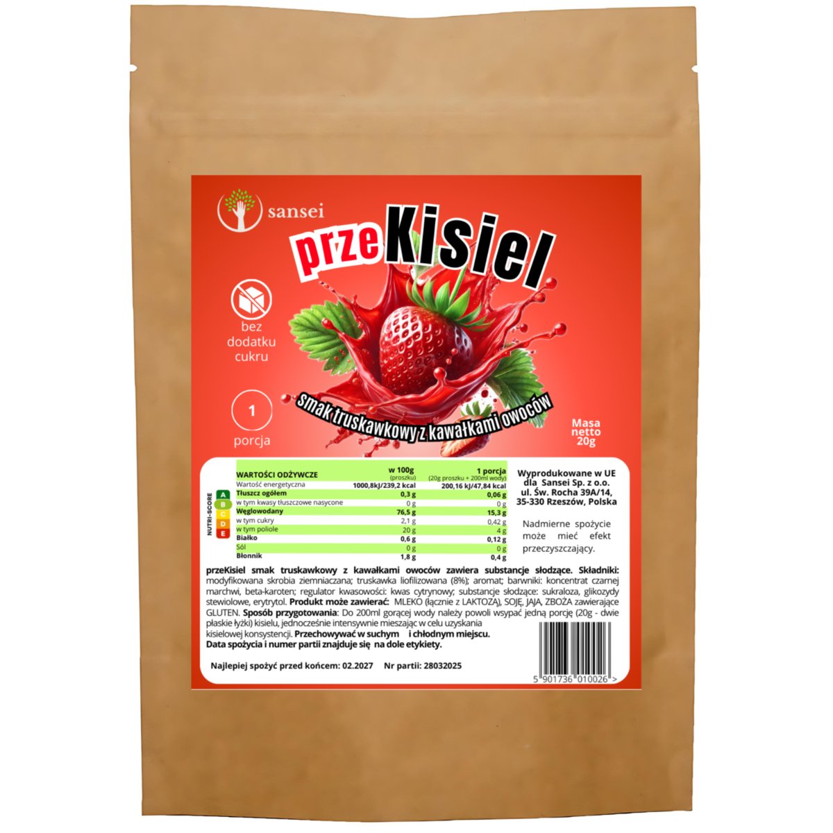 Sansei Kisiel bez dodatku cukru smak truskawkowy 20g 1 porcja
