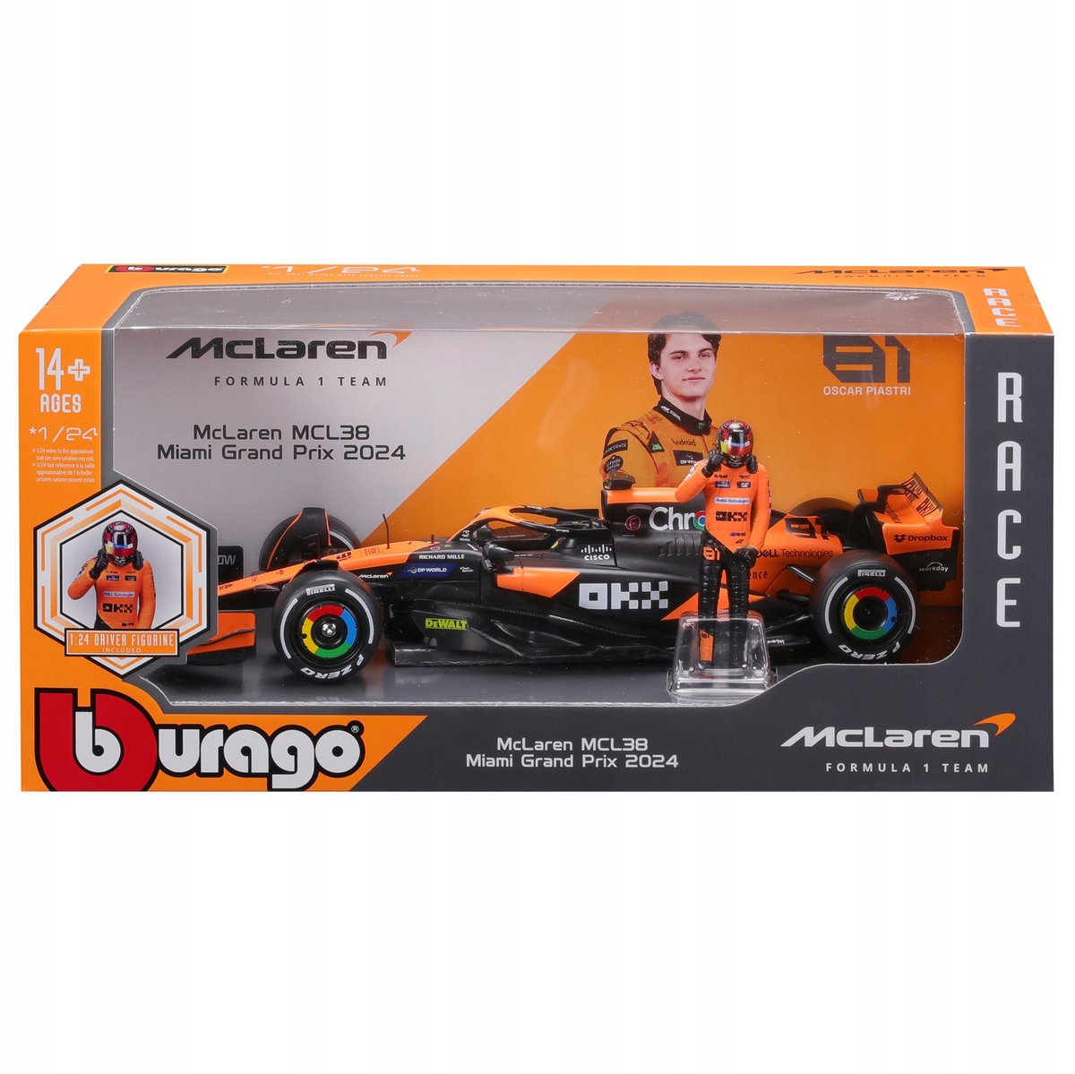 BOLID F1 McLaren MCL38 FIGURKA OSCAR PIASTRI 1:24 MODEL BBURAGO 18-28040