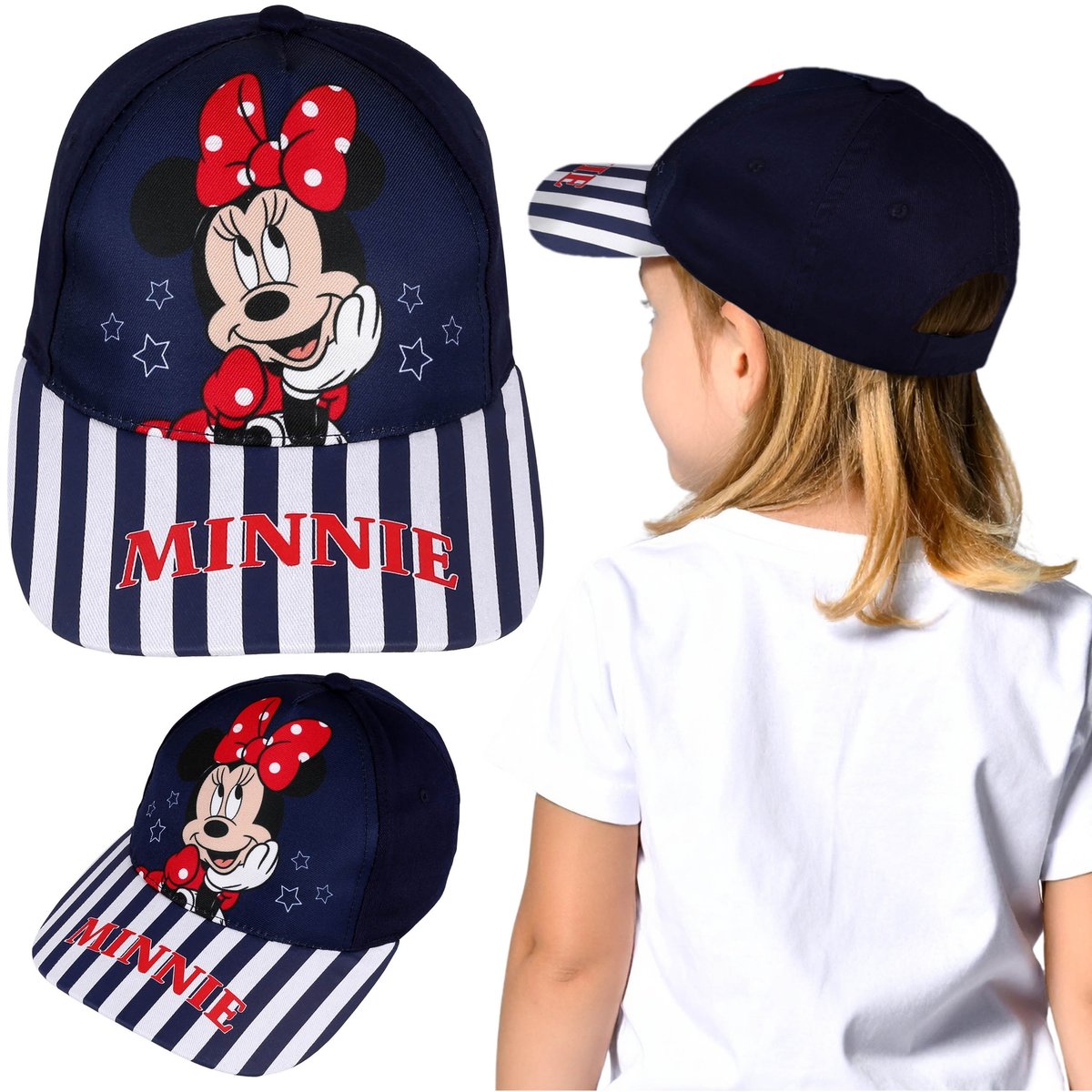 DISNEY Myszka Minnie Granatowa BAWEŁNIANA czapka z daszkiem dla dziewczynki na lato, regulowana bejsbolówka 52 cm