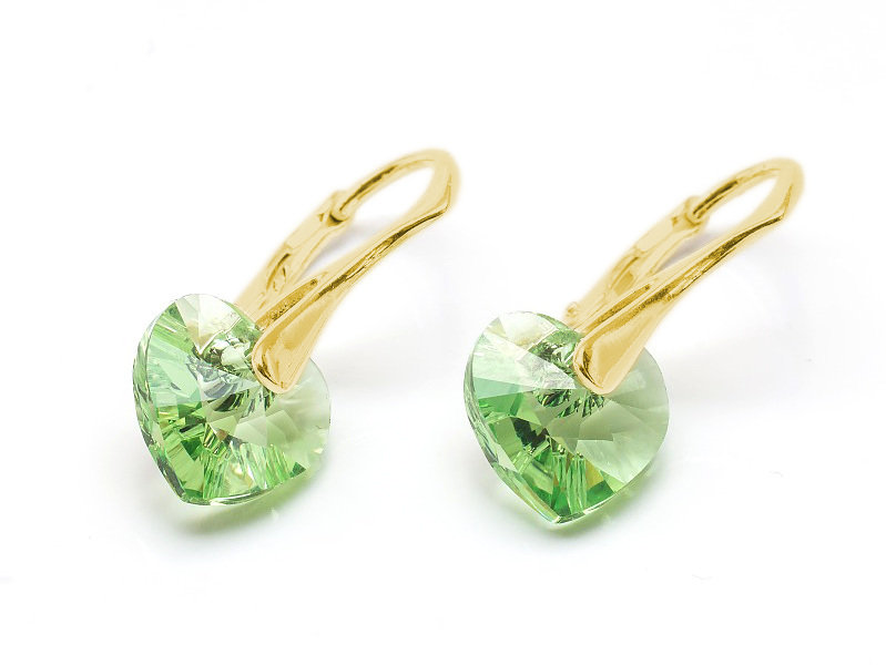 Kolczyki pozłacane srebro 925 z kryształami Swarovski Serca 10mm Peridot