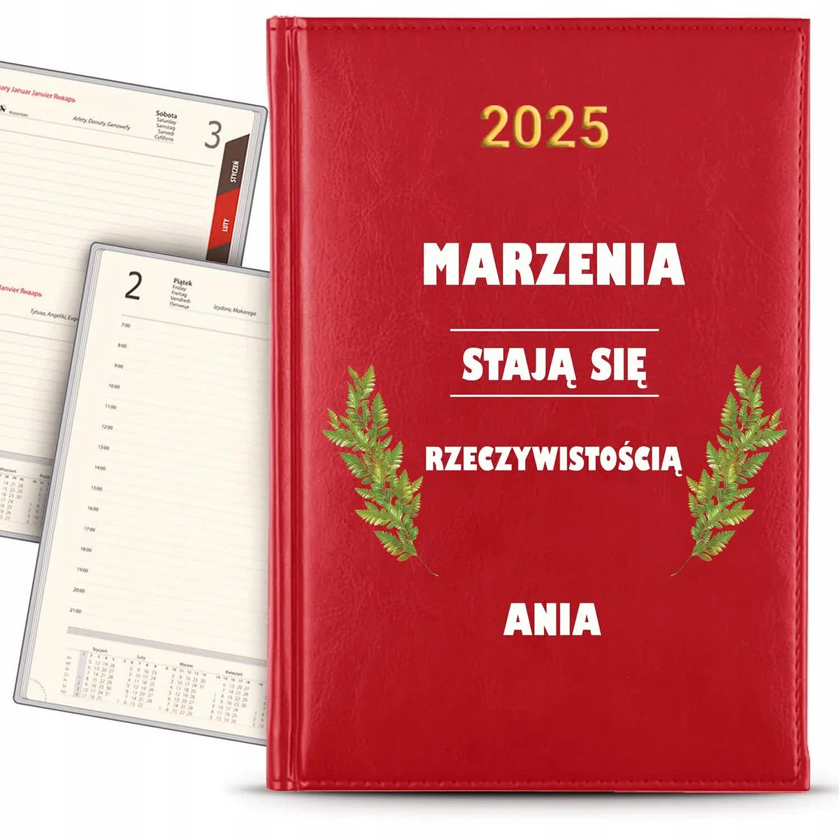 KALENDARZ 2025 Rok Książkowy CZERWONY Planer Terminarz Kwiaty IMIĘ KREATOR