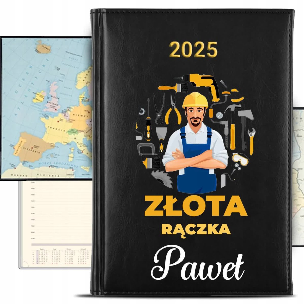 KALENDARZ 2025 Rok Książkowy Czarny Planer dla Złotej Rączki IMIĘ KREATOR