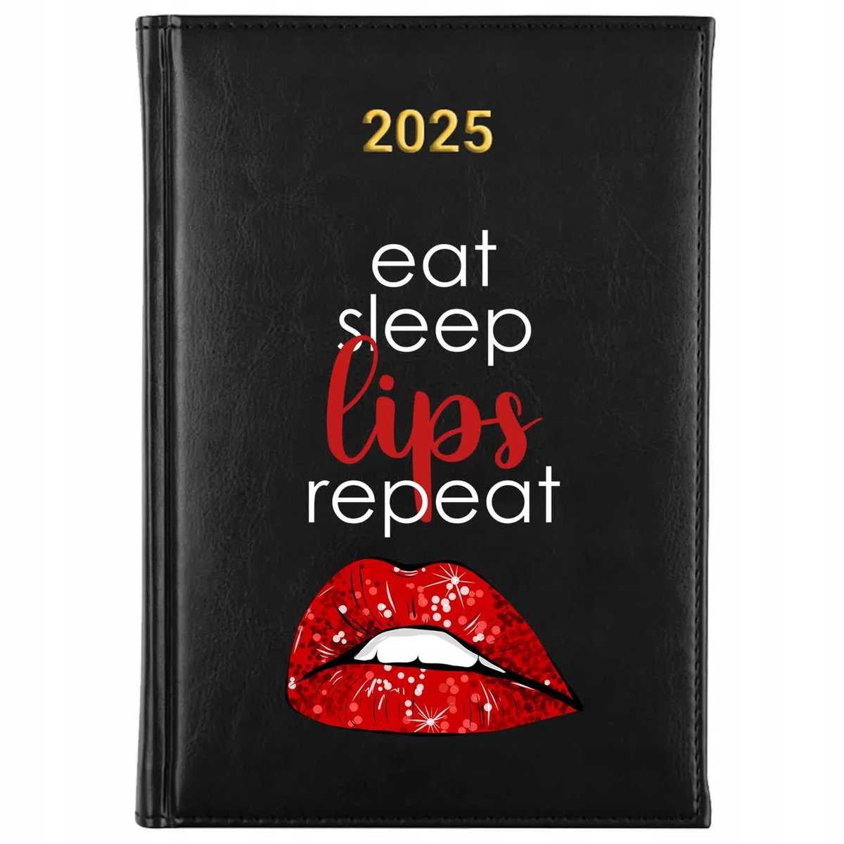 KALENDARZ 2025 Planer Książkowy CZARNY Roczny Eat Sleep LIPS Repeat Wzory