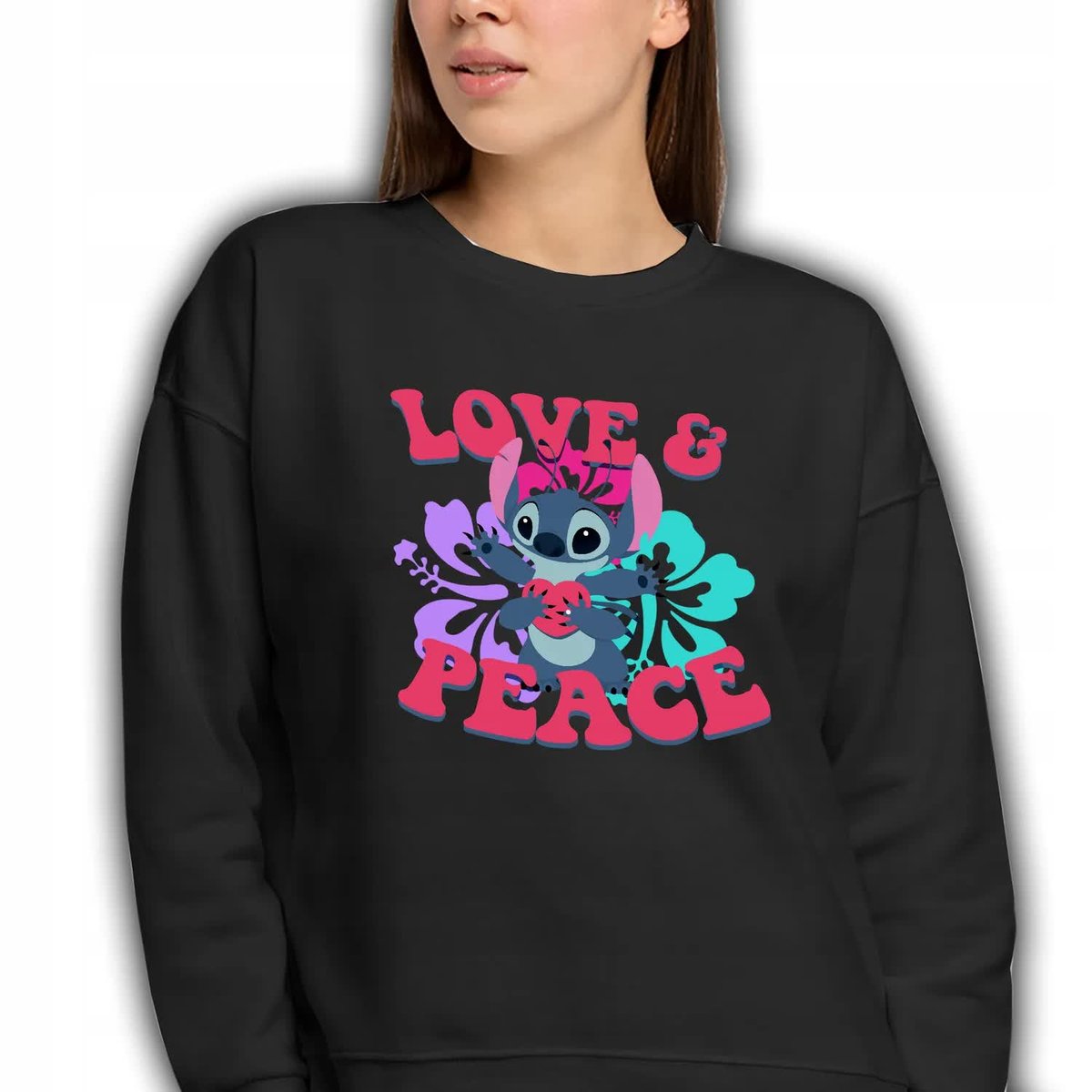 Dresowa Bluza Damska Czarna Dla Fana Lilo I Stich Love & Peace Wzory - S