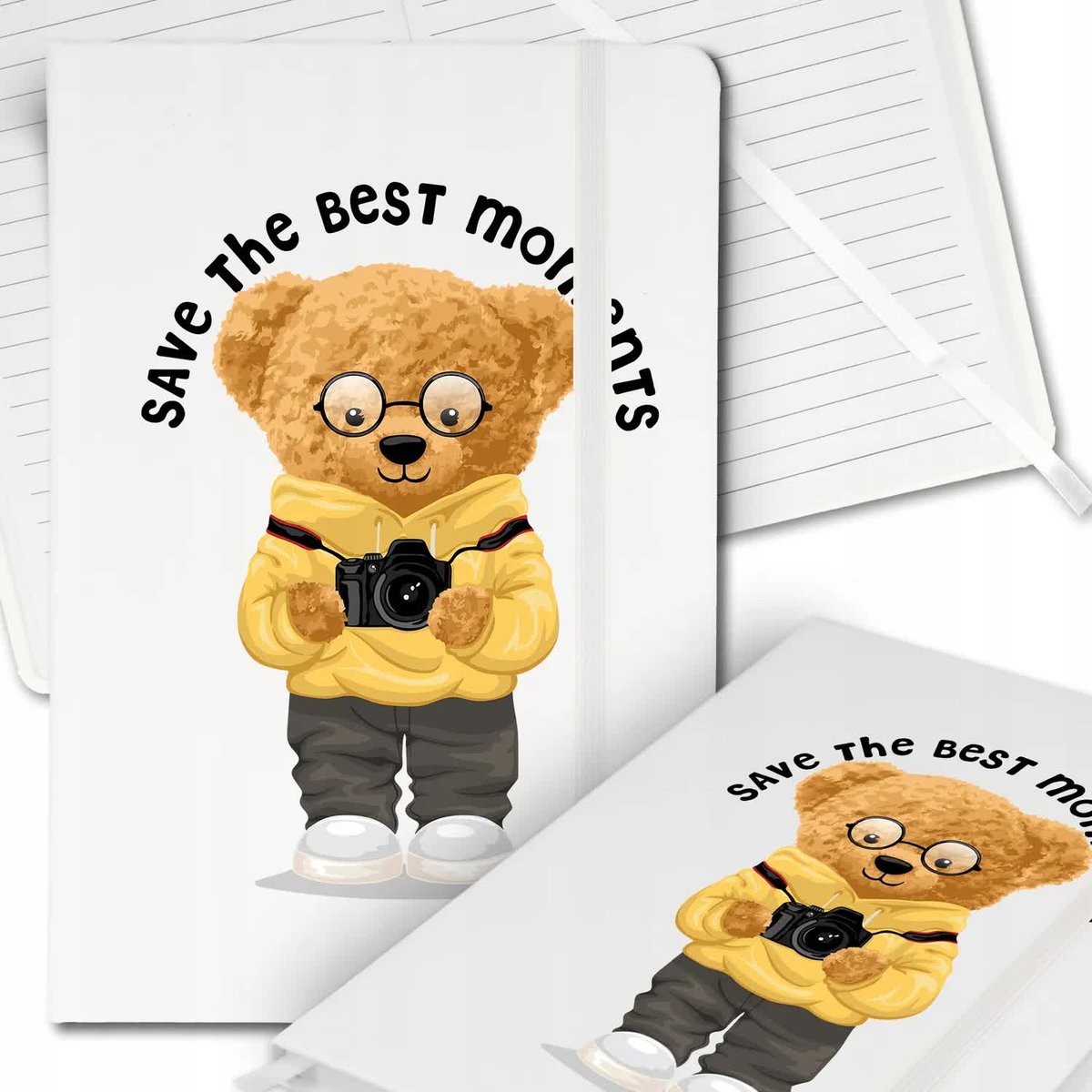 Notes Biały A5 Notatnik Dziennik z Gumką Linia Teddy Fotograf Wiele Wzorów