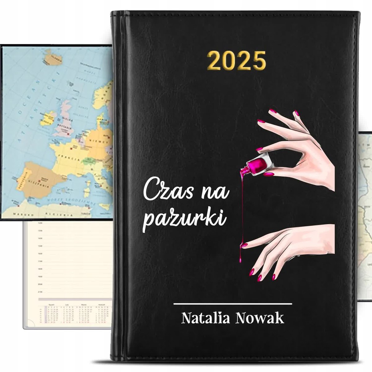 KALENDARZ 2025 Rok Książkowy Czarny Planer Stylistki Paznokci IMIĘ KREATOR