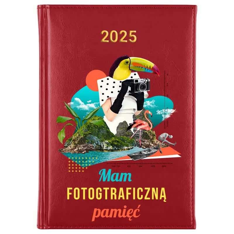 Kalendarz Czerwony A5 2025 MAM FOTOGRAFICZNĄ PAMIĘĆ Dziennik Planer Wzory