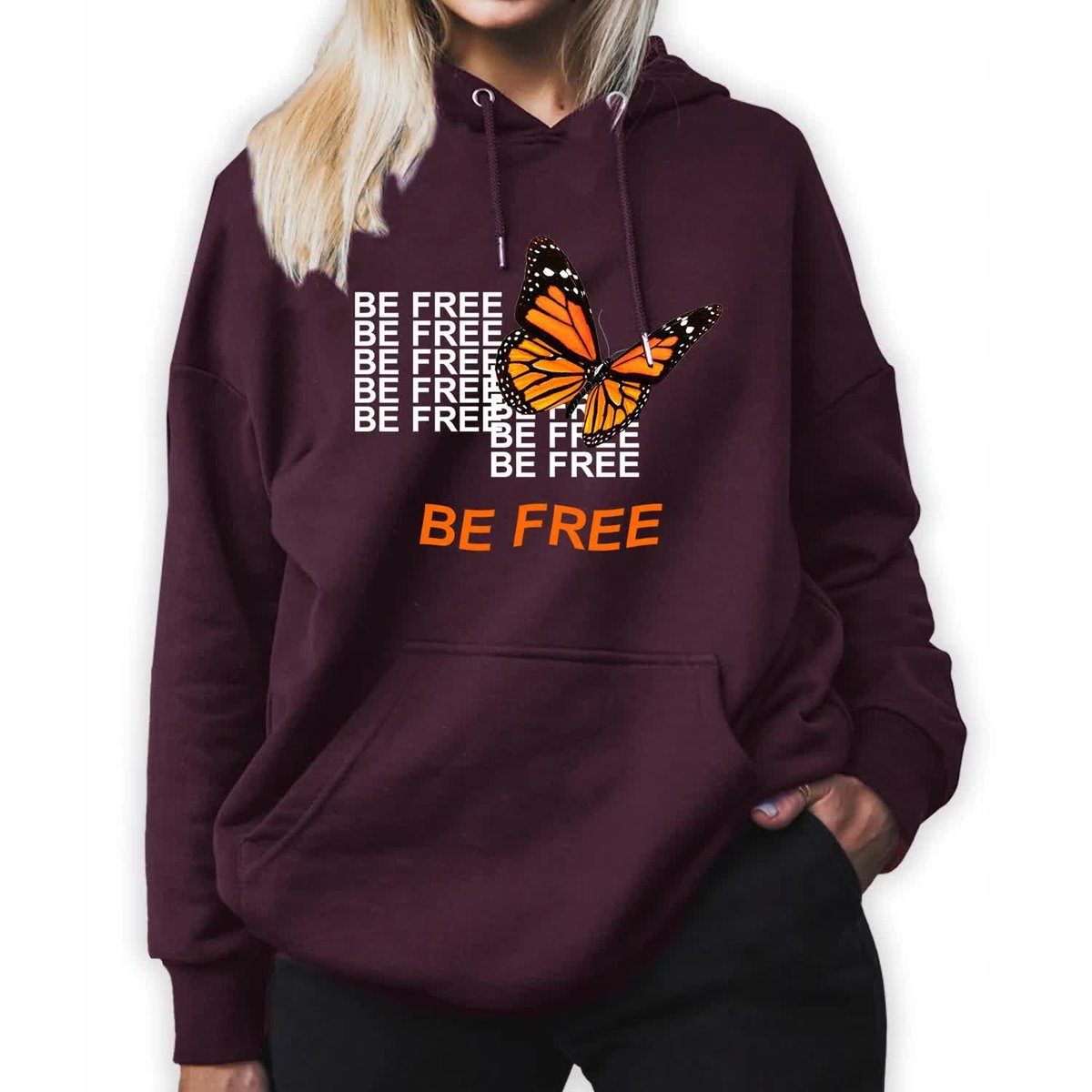 Bluza Damska Burgundowa Z Kapturem Na Prezent Motyl Be Free Modne Wzory- Xl