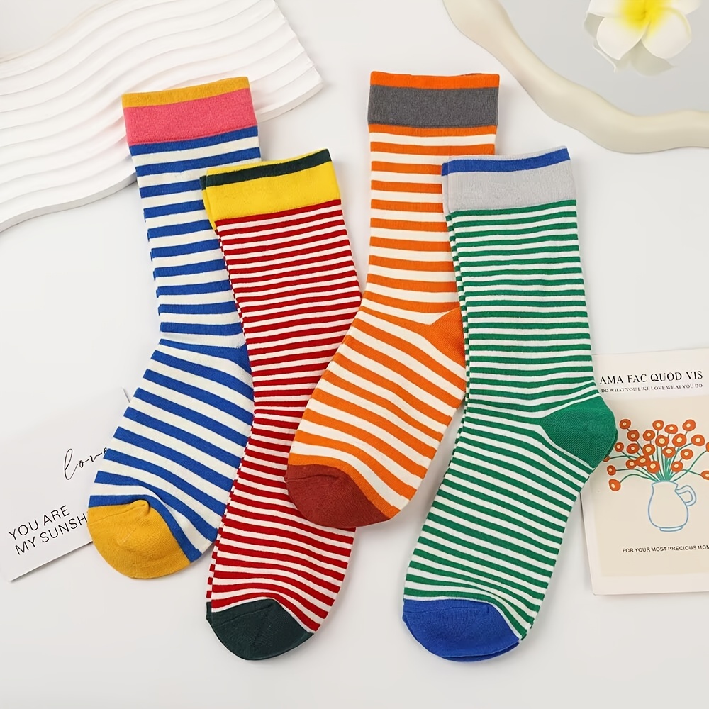 TEMU 4 Pary Uniseksowych Skarpetek w Paski - Japoński Retro Design Color-Block, Żebrowane do Połowy łydki, Ciepłe Odcienie Jesienne na Codzienność i