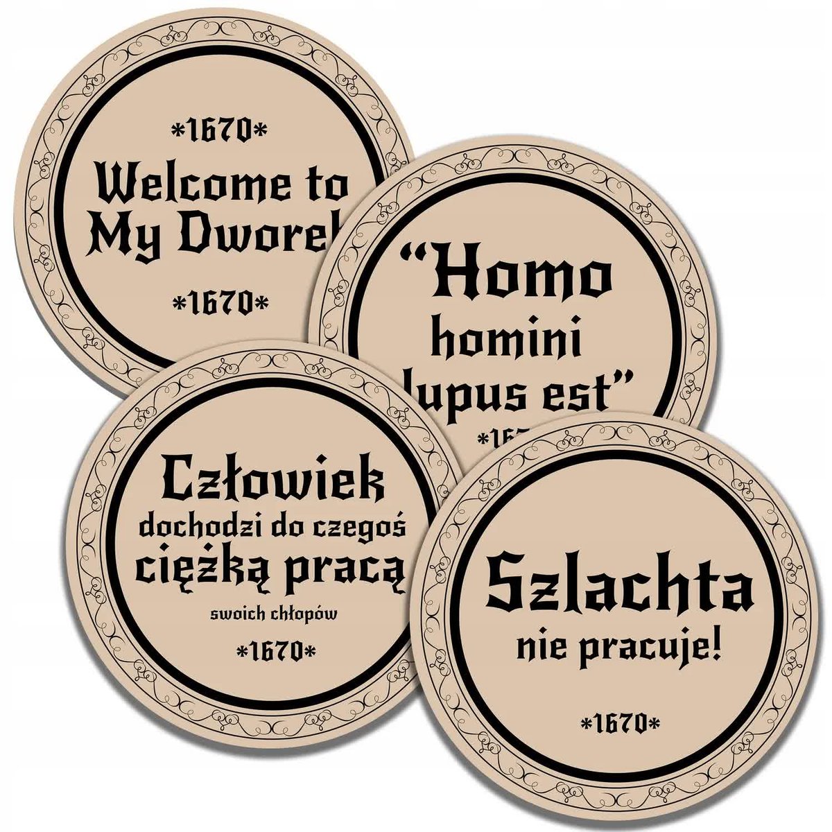 ZESTAW 4 PODKŁADEK POD KUBEK SZKLANKĘ CYTATY TESKTY SERIAL 1670 WZORY