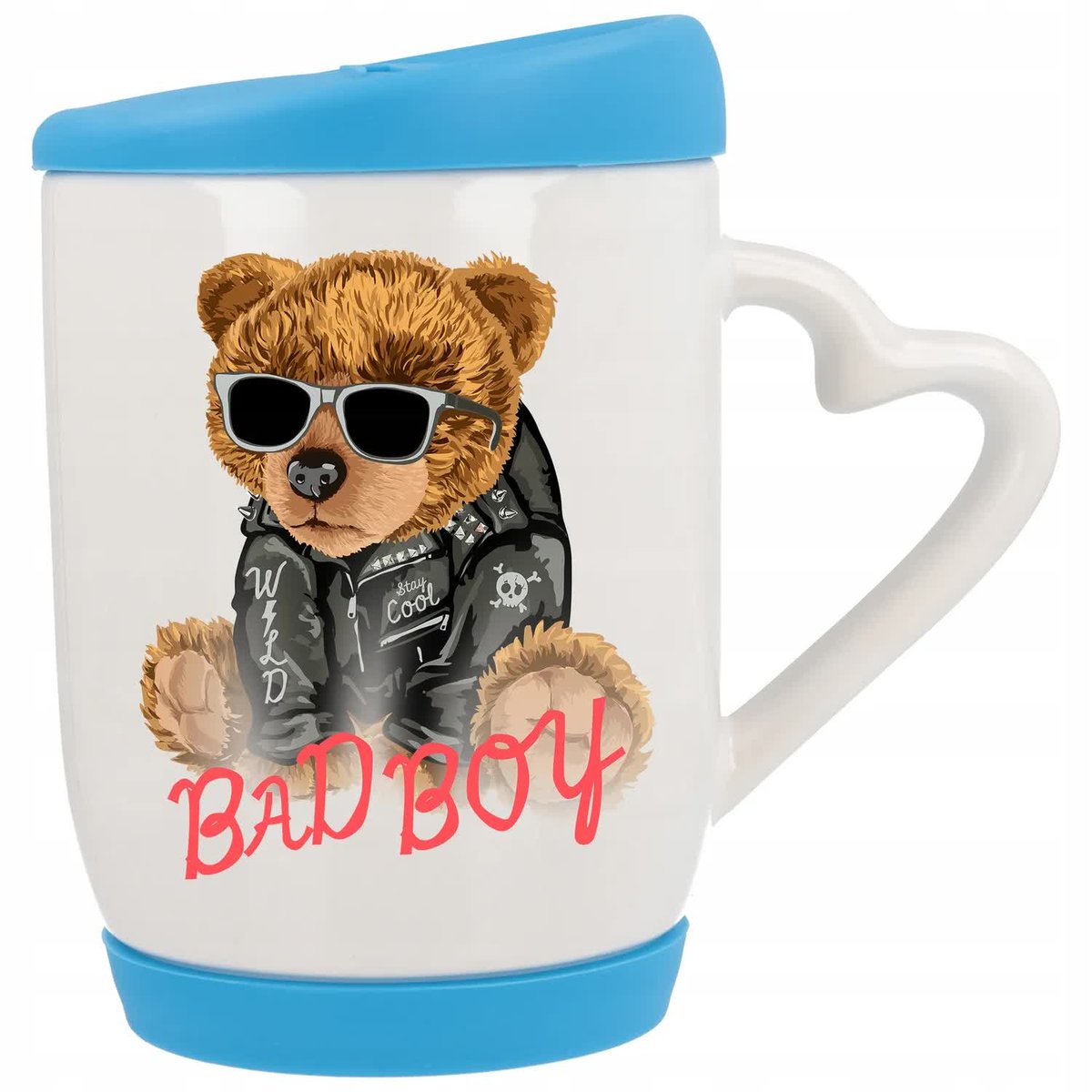 Kubek Ucho z Sercem z Pokrywka Niebieska BAD BOY Teddy Miś Pluszowy Wzory