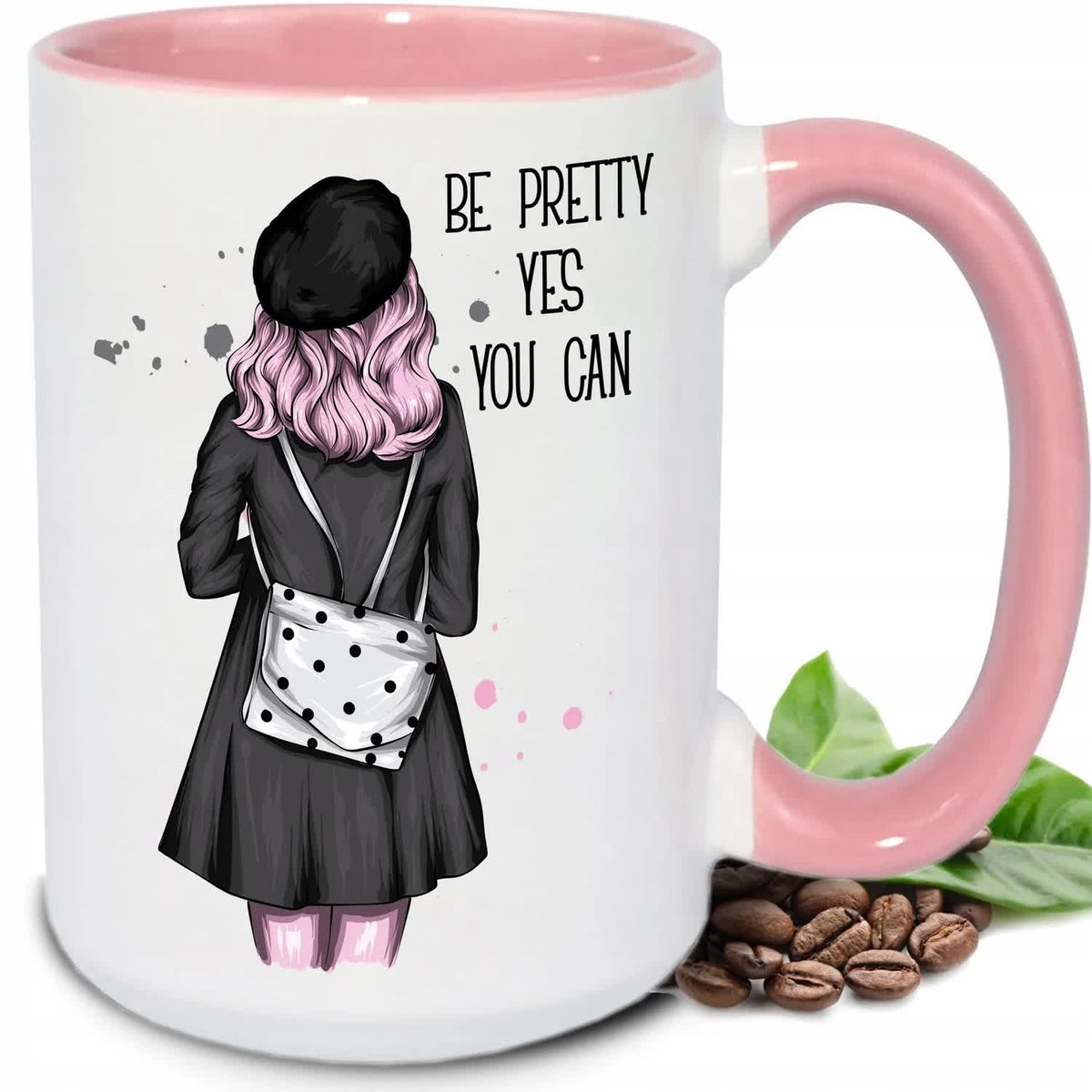 Kubek DUŻY BIAŁY Be pretty yes you can RÓŻÓWE UCHO I WNĘTRZE TOP100 WZORY