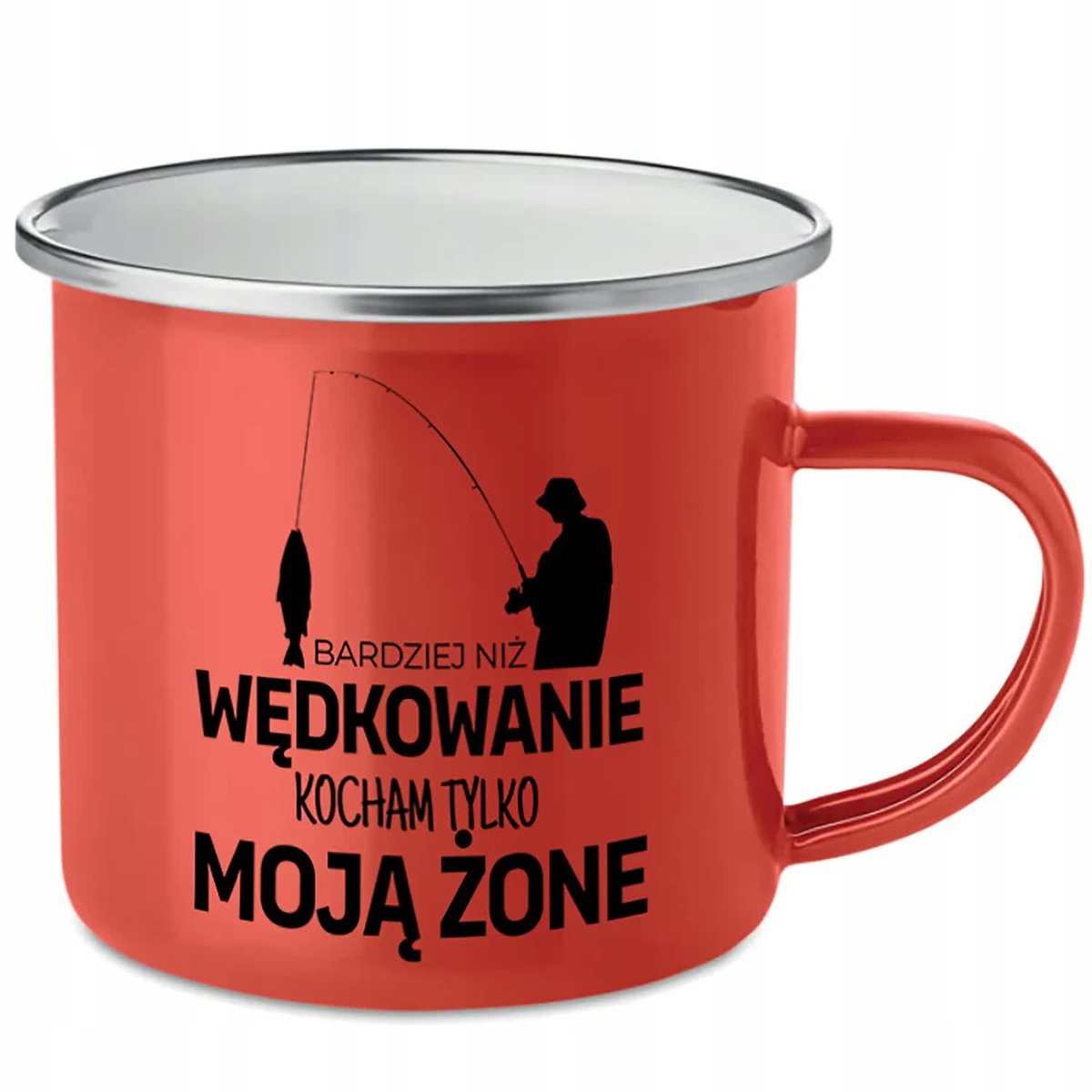KUBEK STALOWY Emaliowany CZERWONY Bardziej niż Wędkowanie Kocham Żonę Wzory