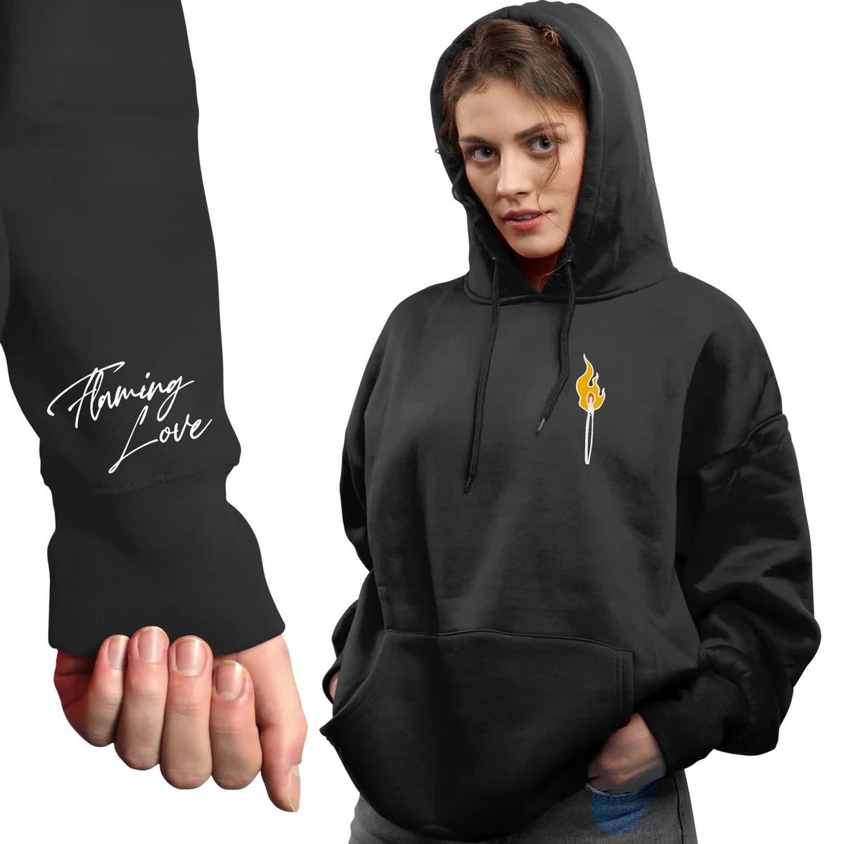 Modna Czarna Bluza Damska Z Kapturem Flaming Love Rozmiar Xxl Wiele Wzorów