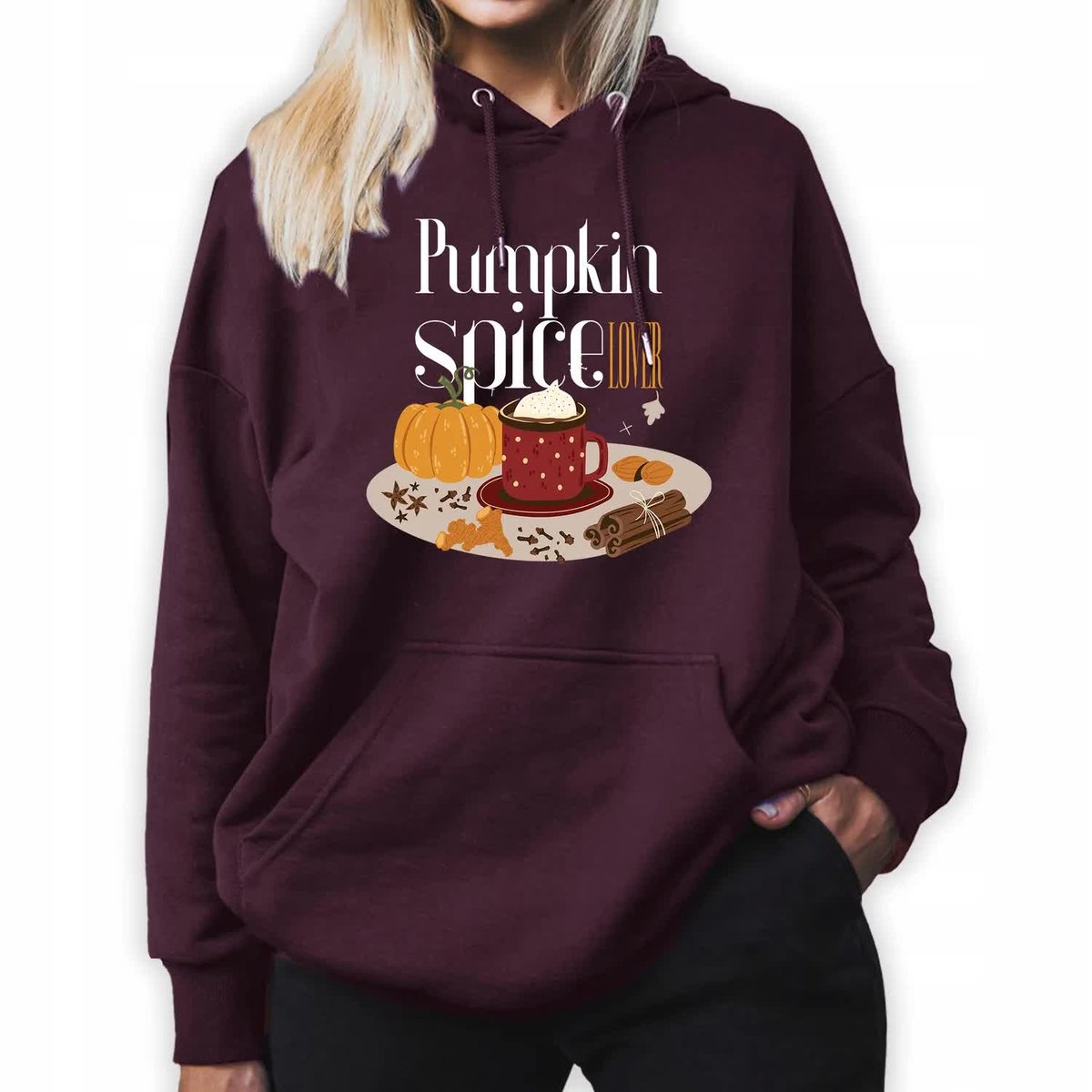Bluza Damska Burgundowa Kaptur Dla Jesieniary Pumpkin Spice Lover Wzory - S