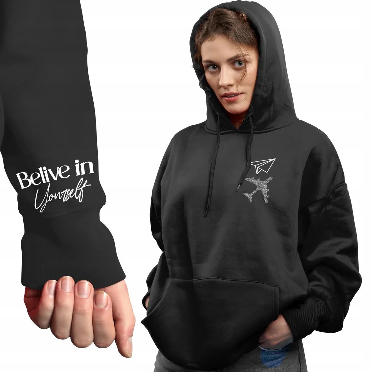 Modna Czarna Bluza Damska Z Kapturem Believe In Yourself Rozmiar M Wzory
