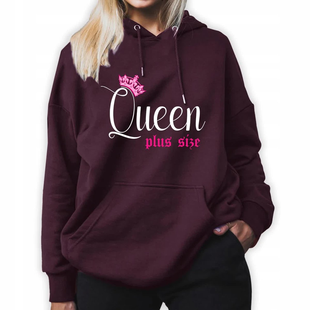 Bluza Damska Burgundowa Z Kapturem Na Prezent Queen Plus Size Top Wzory - L