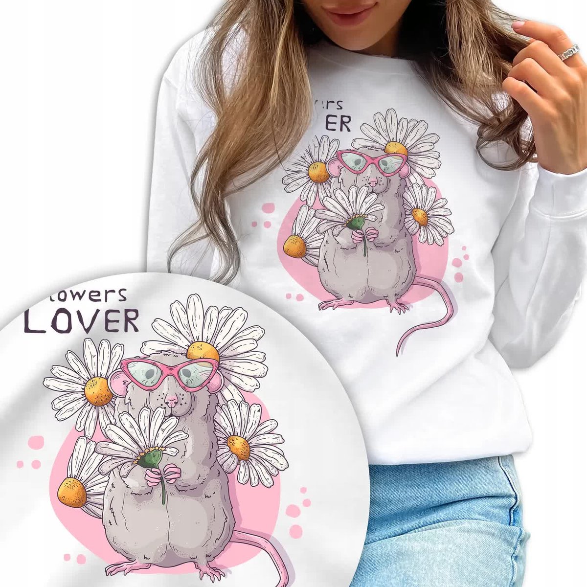 Dresowa Bluza Damska Biała Prezent Flowers Wz - M