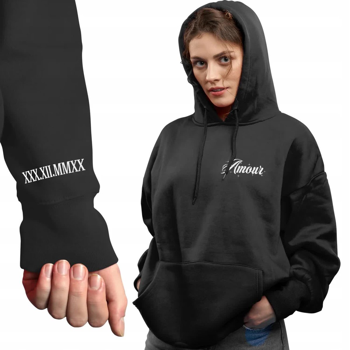 Czarna Bluza Damska Z Kapturem Amour (Data Na Rękawie) Rozmiar Xl Top Wzory