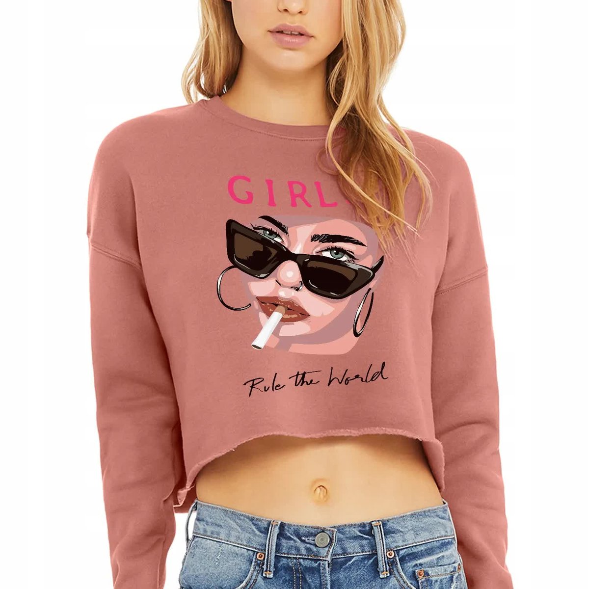 Wygodna Dresowa Damska Krótka Bluza Różowa Girls Rule The World Wzory - M