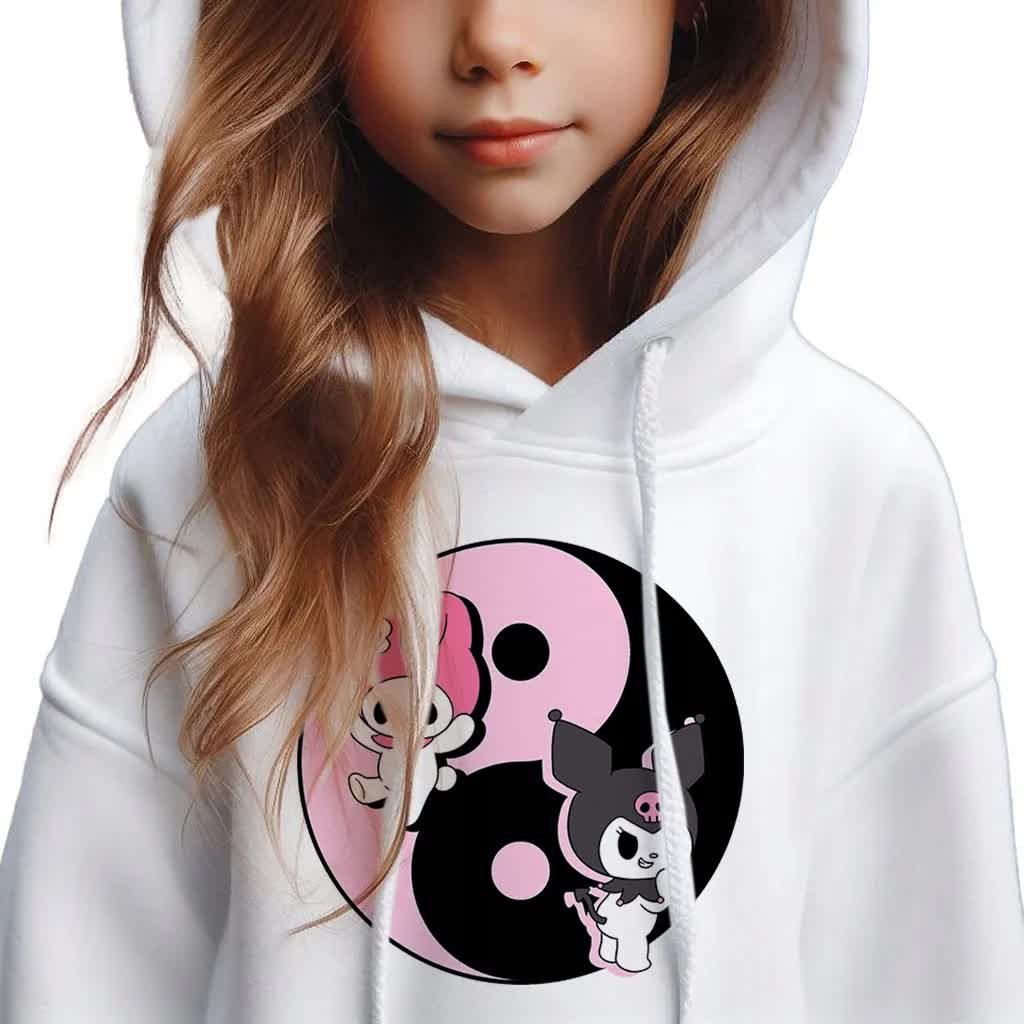 Bluza Dziecięca Biała Z Kapturem Na Prezent Kuromi Yin Yang Wzory - 140