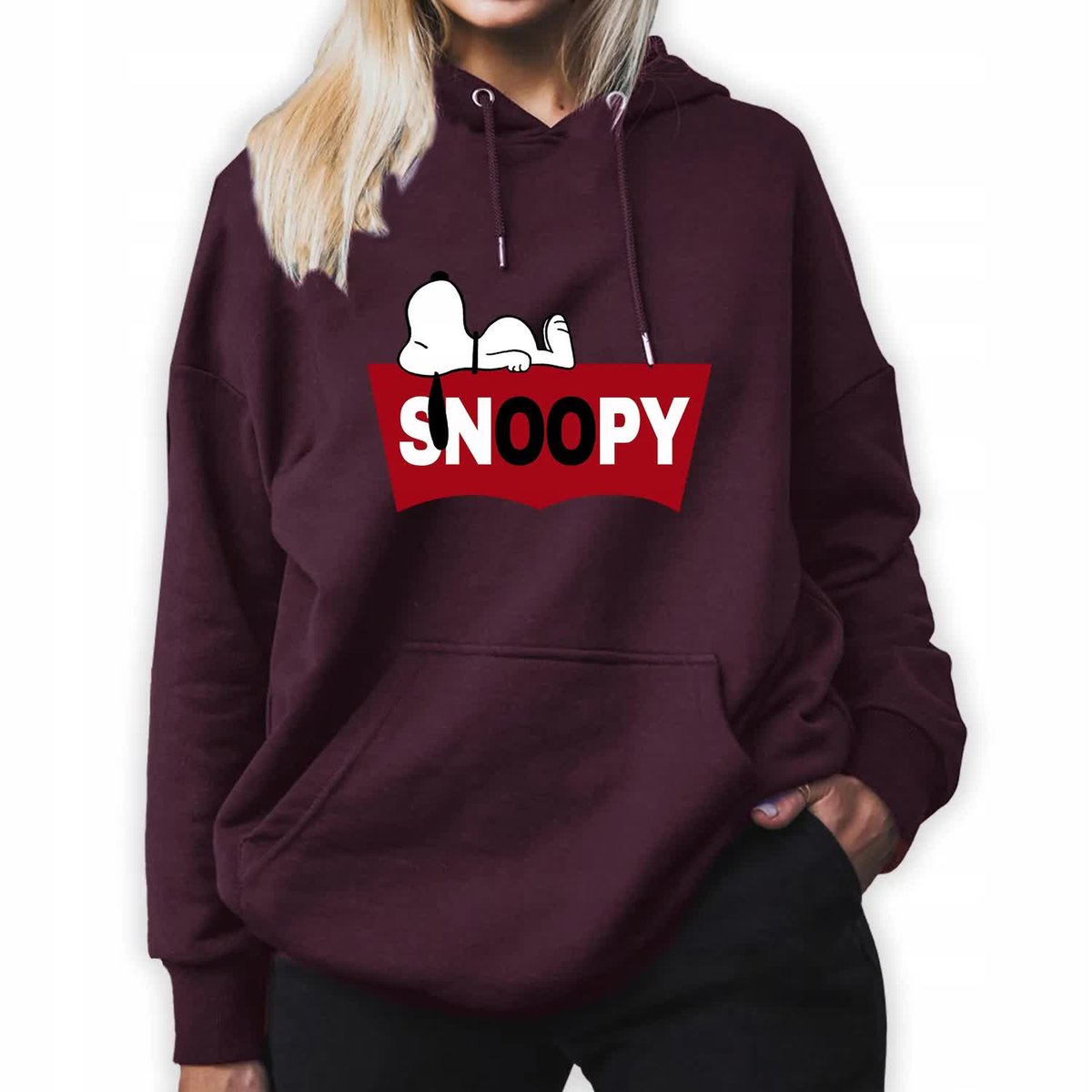 Bluza Damska Burgundowa Z Kapturem Dla Miłośnika Piesków Snoopy Wzory - S