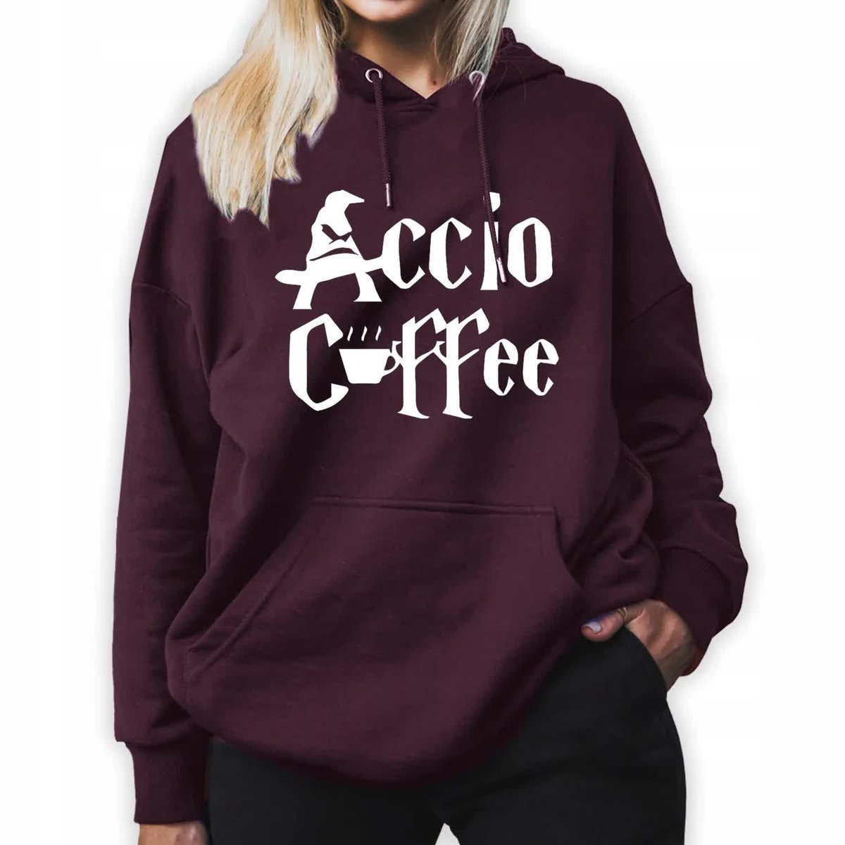 Bluza Damska Burgundowa Z Kapturem Dla Czarodziejki Accio Coffee Wzory - S