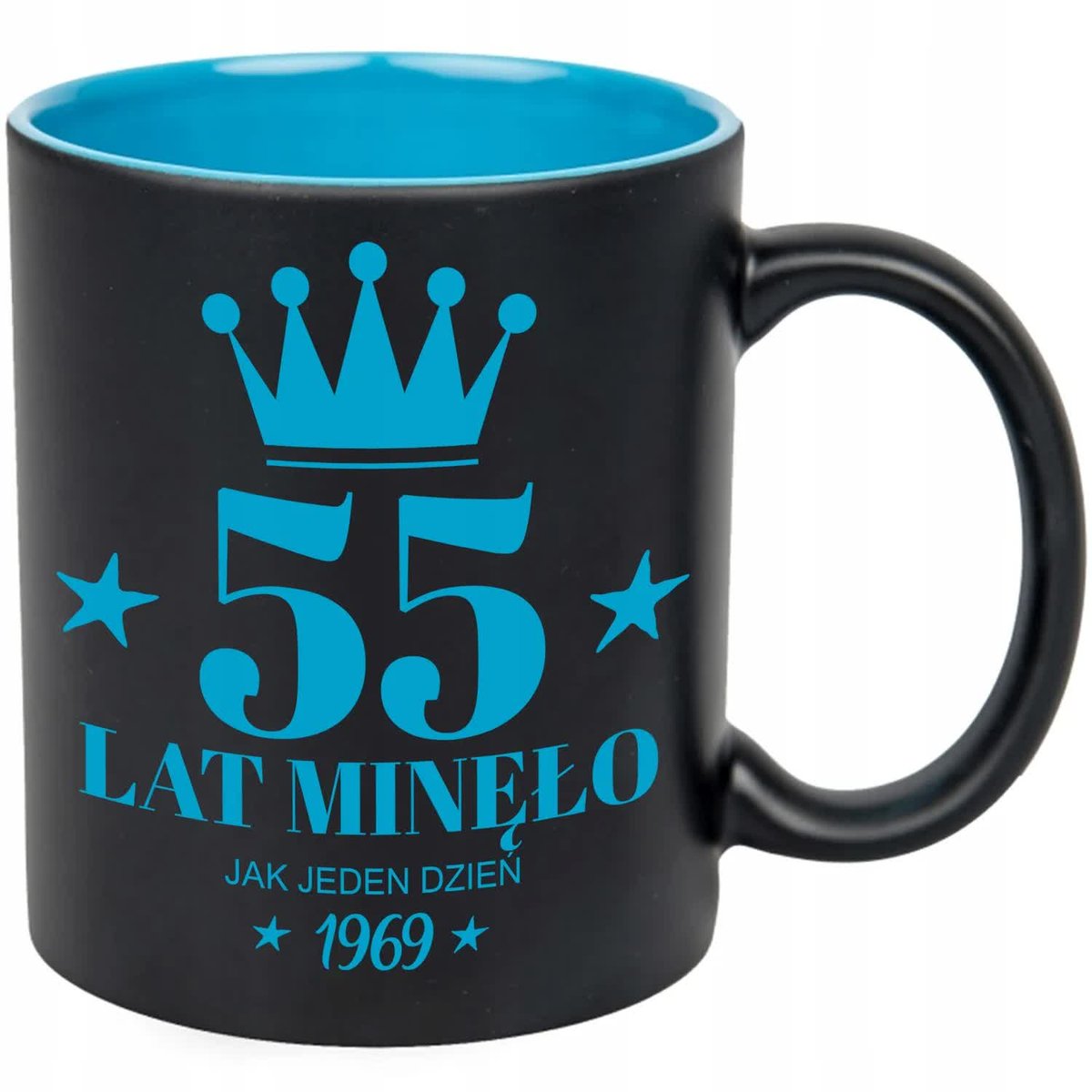KUBEK CZARNY WNĘTRZE NIEBIESKIE IDEALNY PREZENT NA 55 URODZINY ROCZKNIK WZ