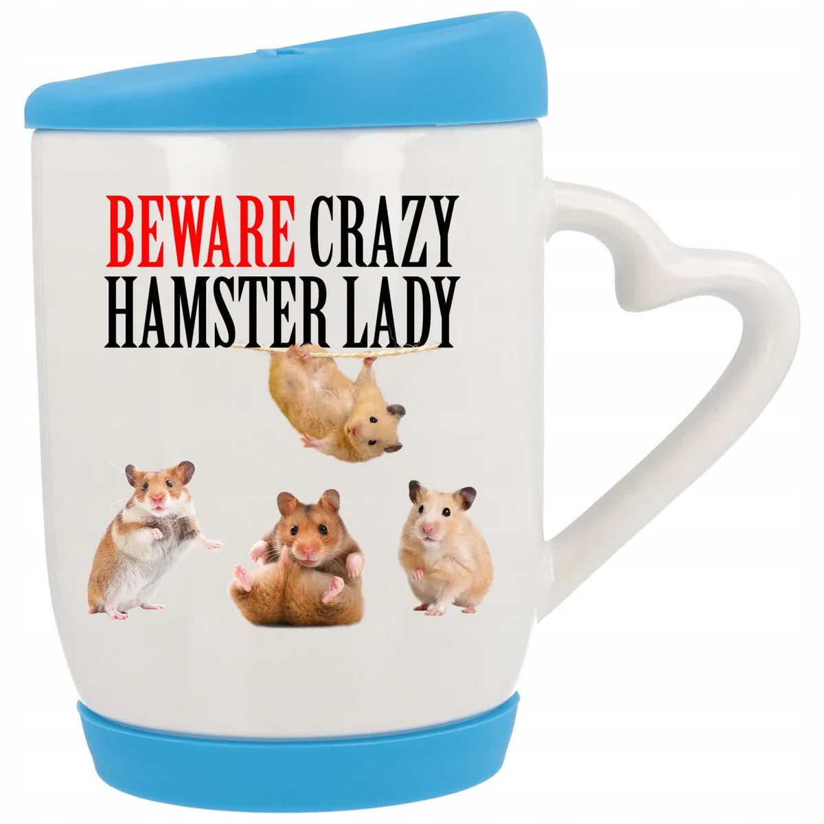 Kubek z Uchem z Sercem z Pokrywka Niebieska HAMSTER LADY Beware Crazy Wzory