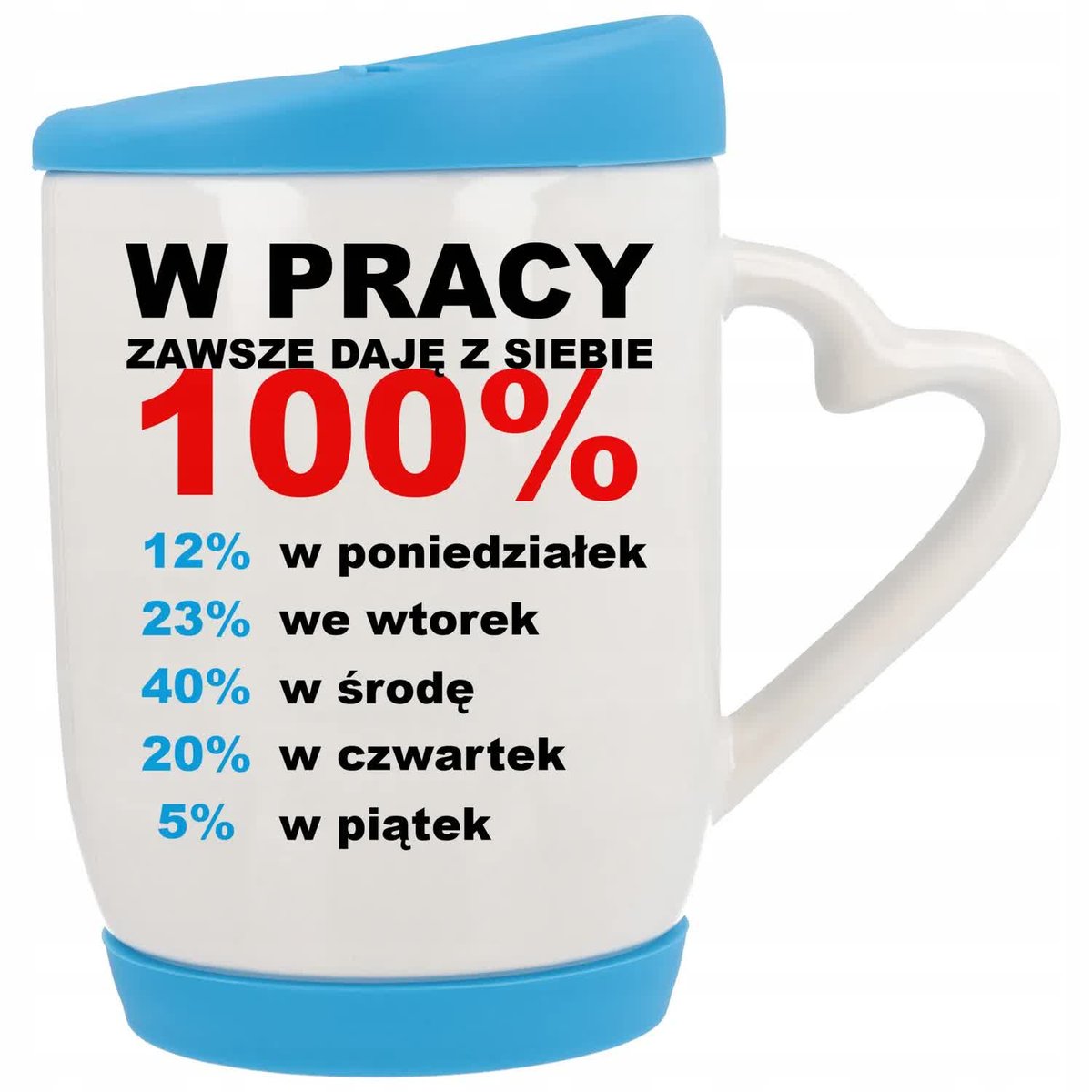 Kubek Ucho z Sercem z Pokrywka Niebieska W Pracy Daje z Siebie 100% Wzory