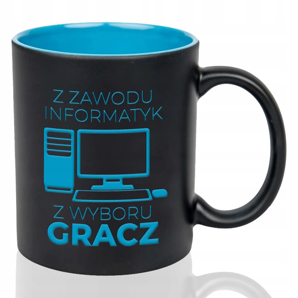 Kubek Czarny Wnętrze Niebieskie Z ZAWODU INFORMATYK Z WYBORU GRACZGrawer WZ