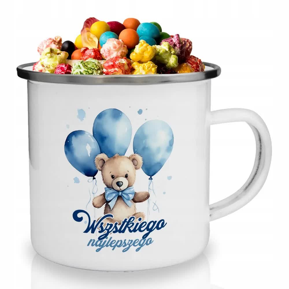 KUBEK STALOWY Biały Na Prezent Urodziny Misie WSZYSTKIEGO NAJLEPSZEGO Wzory