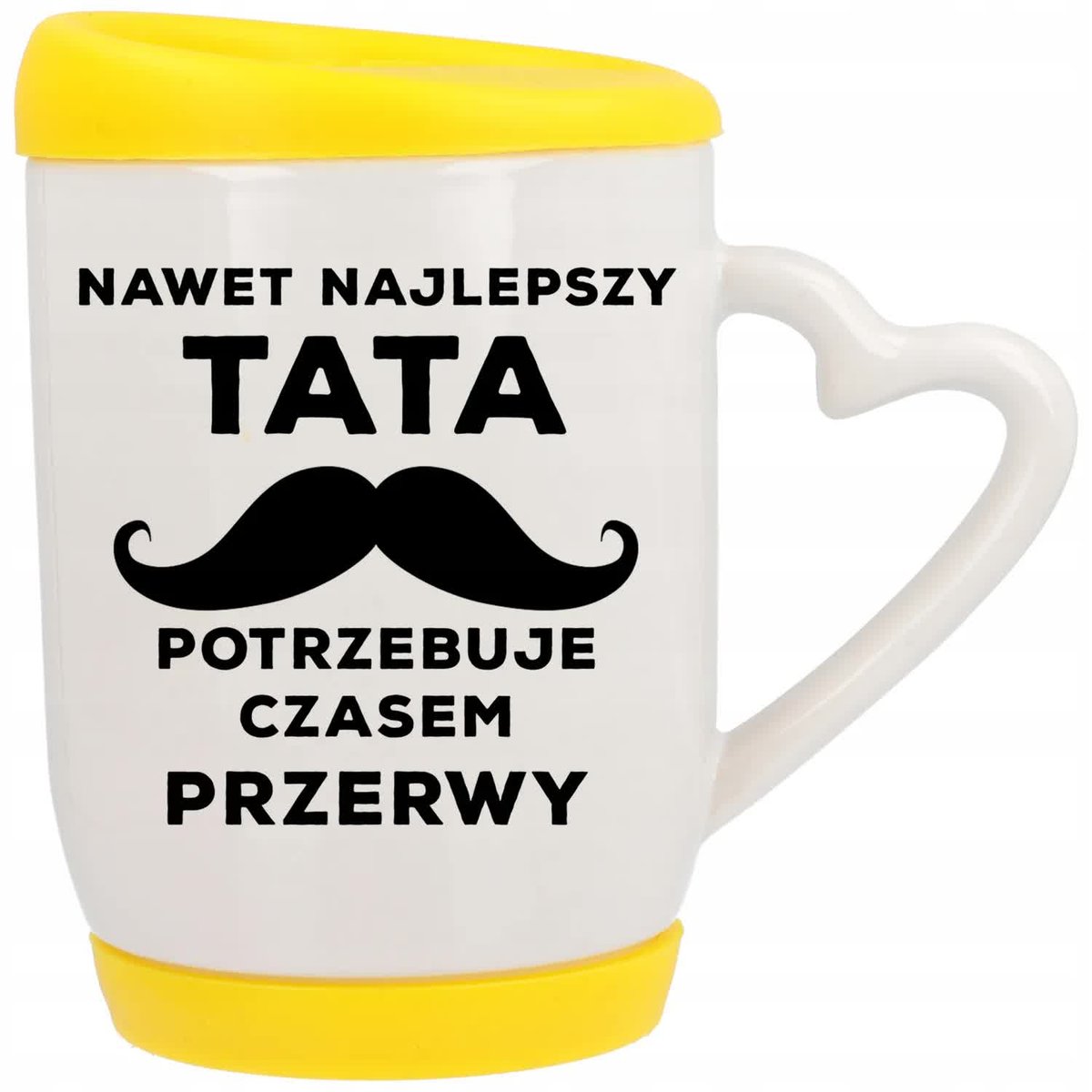 Kubek Ucho Serce z Pokrywką Żółta NAJLEPSZY TATA Potrzebuje Przerwy Wzory