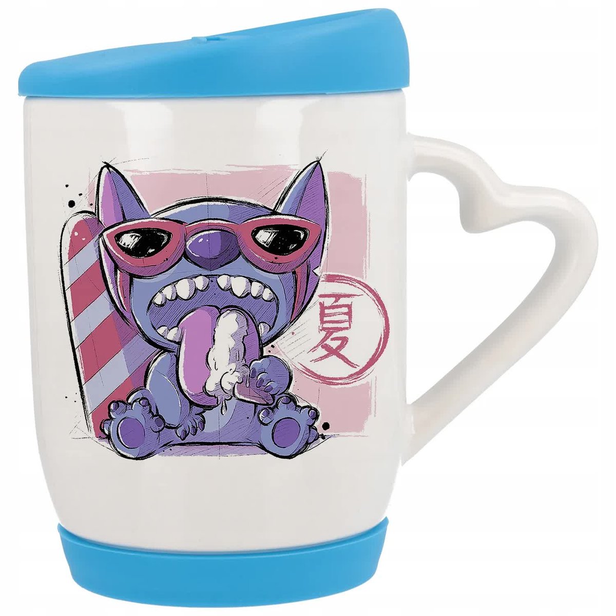 Kubek z Uchem z Sercem z Pokrywka Niebieska Lato Wakacje Stich Cute Wzory