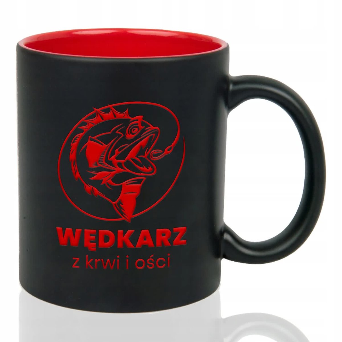 Kubek Czarny Wnętrze Czerwone WĘDKARZ Z KRWI I KOŚCI Grawer Wiele Wzorów