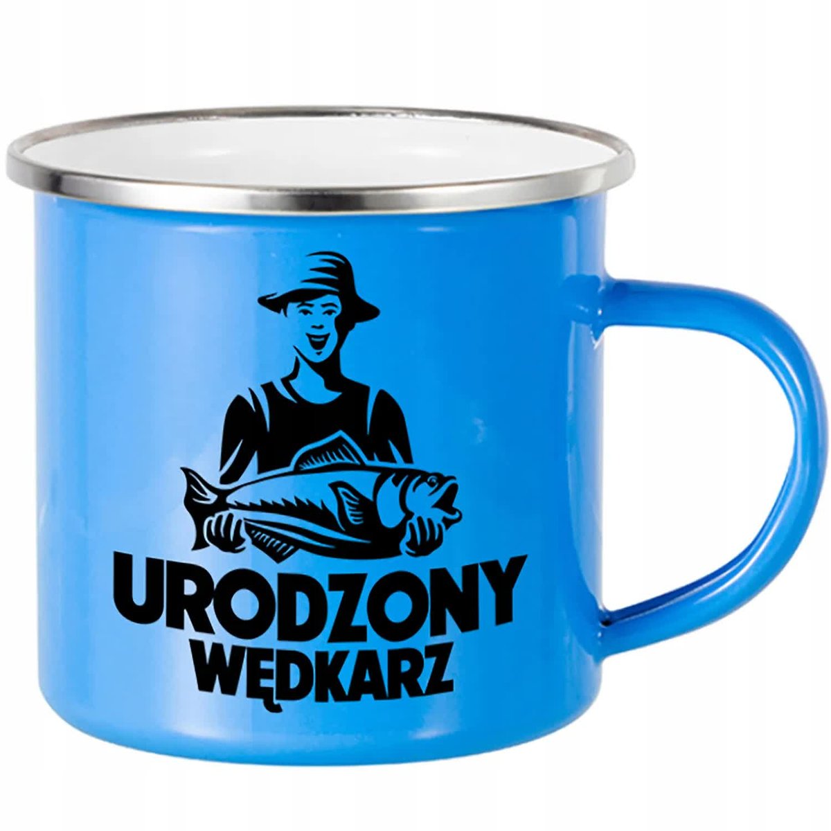 KUBEK STALOWY Emaliowany NIEBIESKI 250ml Prezent Urodzonego Wędkarza Wzory
